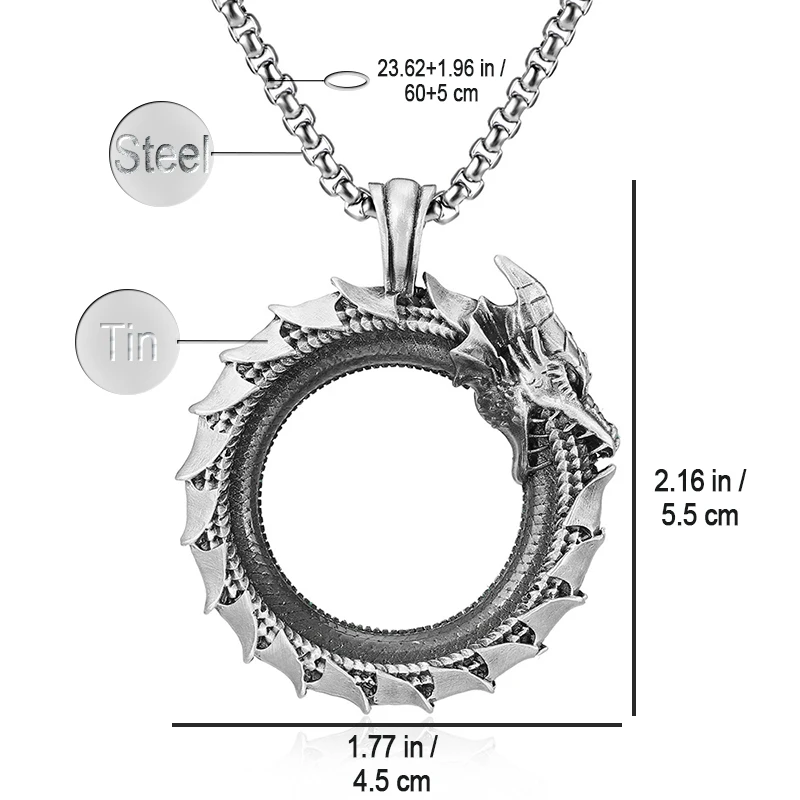 

Ожерелье с подвеской Ouroboros, Мужская металлическая Оловянная подвеска с драконом в стиле хип-хоп, персонализированная бижутерия в стиле панк, стальная цепь