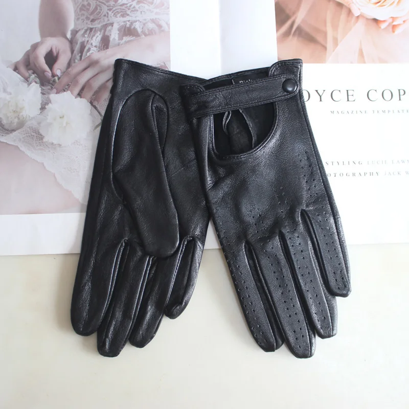 Thin Women's Sheepskin Driver Gloves Summer Breathable Snap Button Colored Genuine Leather Gloves