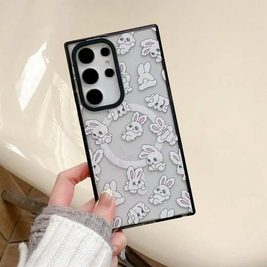 Rabbit Heart MagSafe Acrylic Black Border Magnetic Phone Case for Samsung Galaxy S22U S23 Ultra S24 Ultra Cover Protective Shell