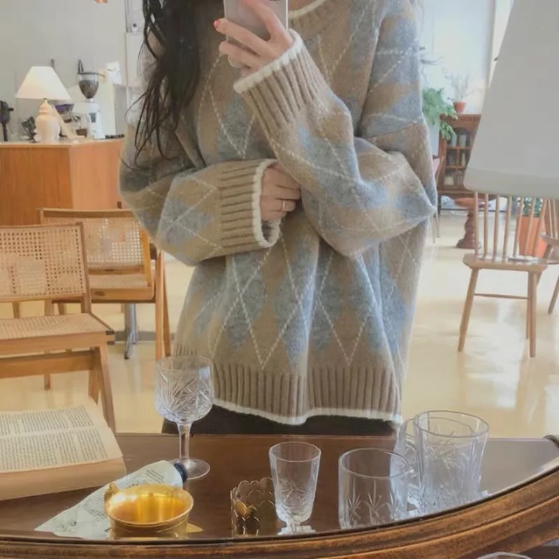Women Plaid Knitted Sweater Autumn Winter
