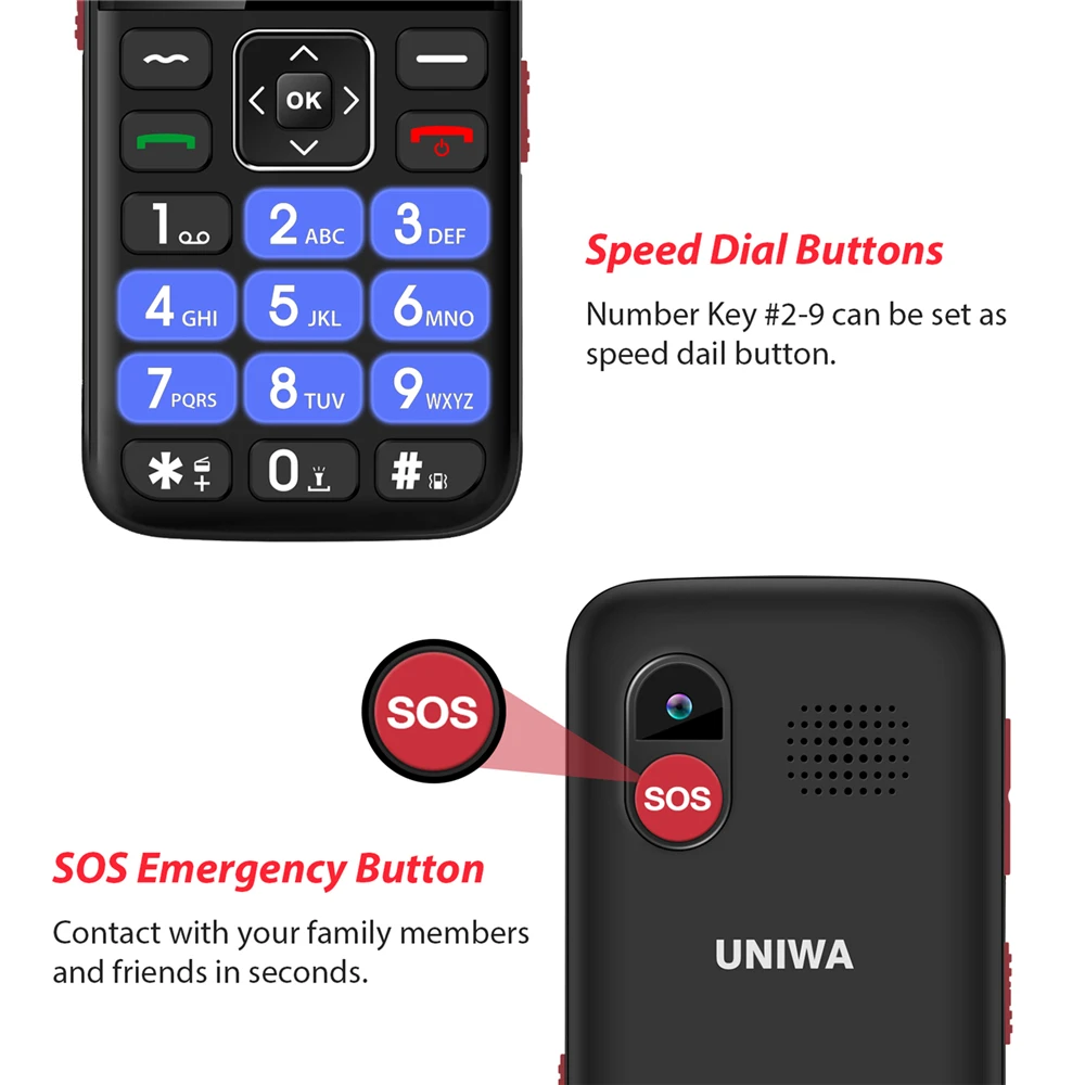 UNIWA V1000 4G Feature Phones Strong Torch Big Button Long Time Standby 2.31Inch 0.3MP Camera Cellphone English Russian Keyboard