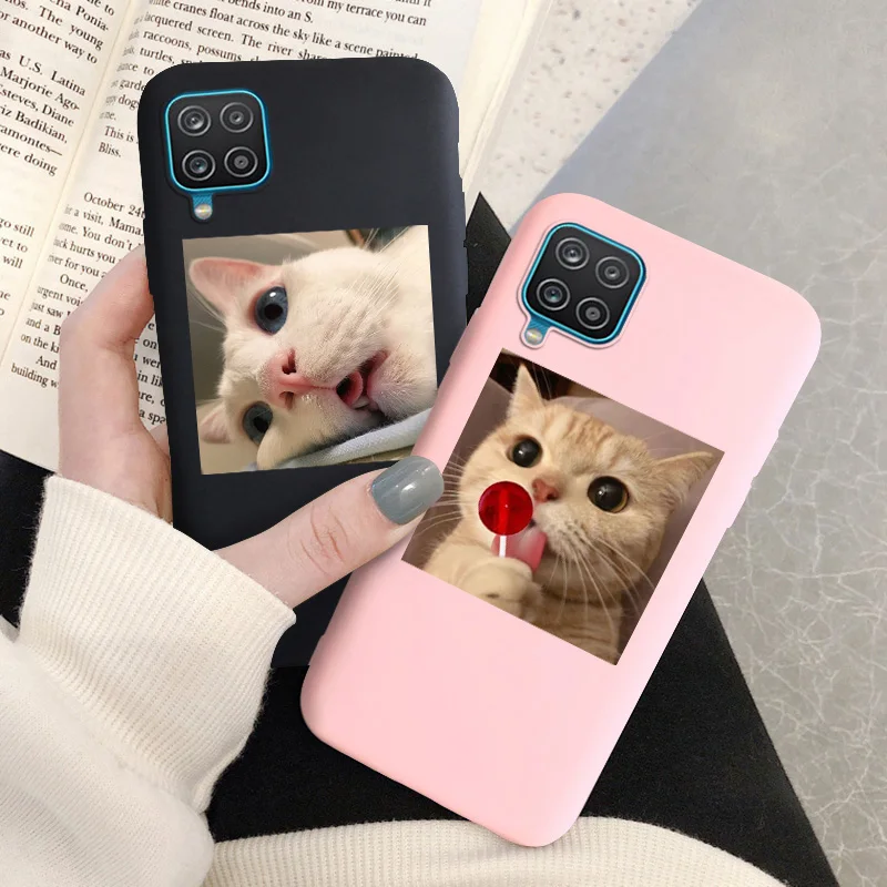 Candy Matte Soft TPU Case For Samsung Galaxy A12 Shockproof Silicone Back Cover For SamsungA12 A 12 SM-A125F Cases Red Cat Funda