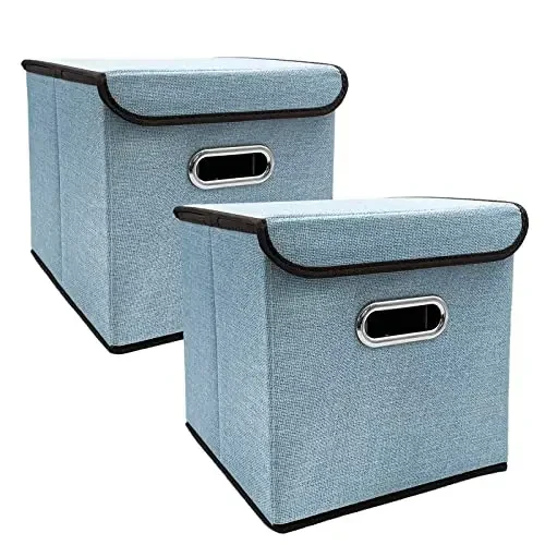 2pcs Collapsible Storage Bins with Lid 25*25cm Linen Fabric Storage Baskets Washable Decorative Basket Storage Baskets