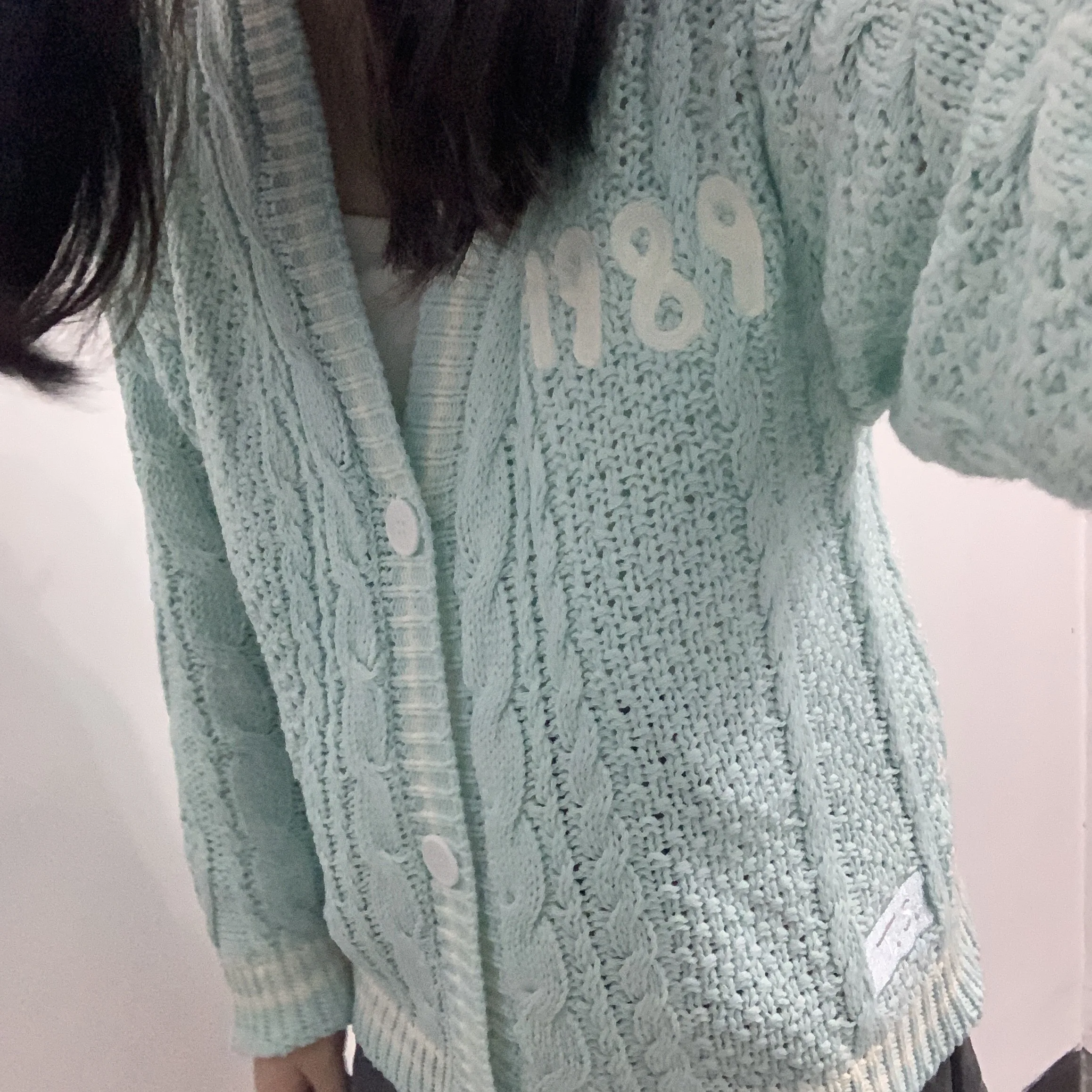 여성용 V넥 니트 가디건, 가벼운 스트레치, 루즈핏, 긴 1989, 블루, 면, 따뜻한 캐주얼 스웨터, 가을