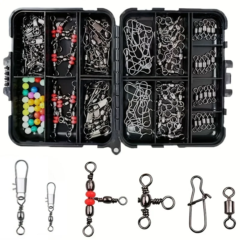 140-teiliges Angelausrüstungsset, drehbarer und schwimmfähiger Druckknopf aus Edelstahl, langlebige schwarze Box, geeignet für Angels