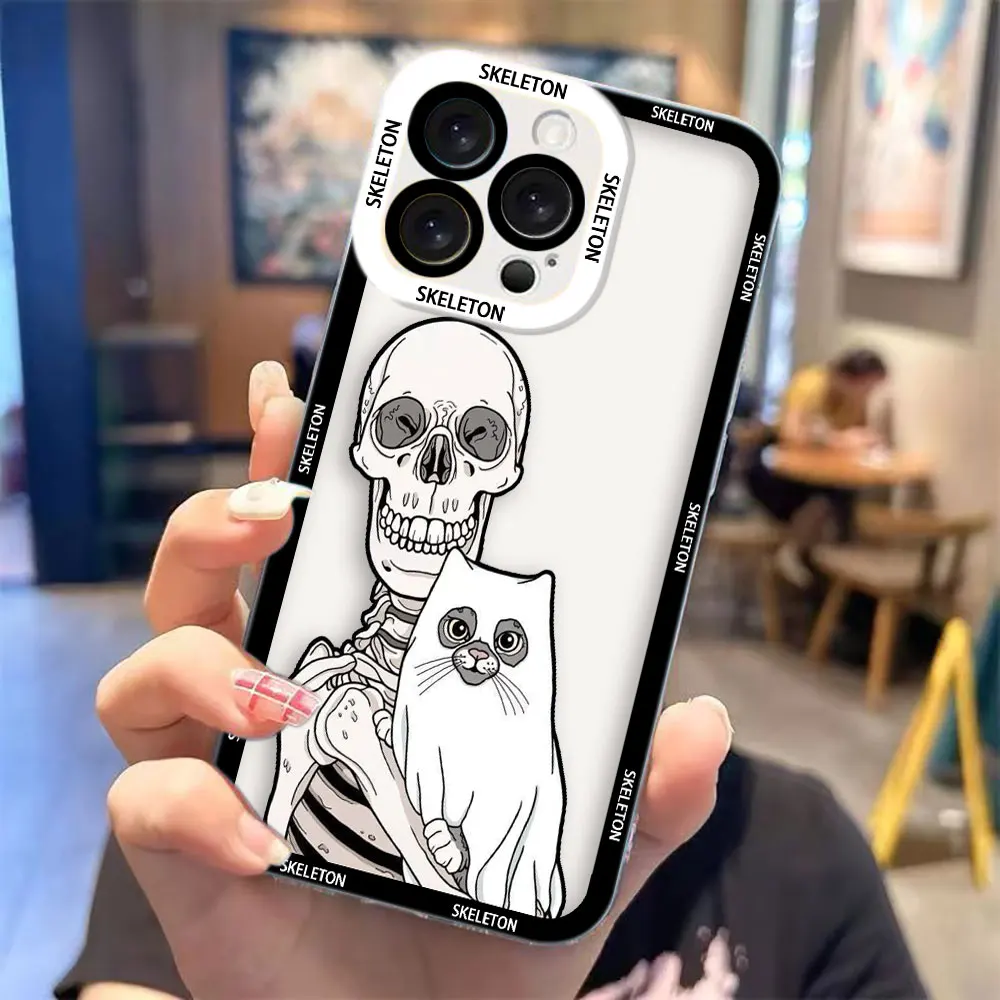 Transparent Phone Case with Terrified Skull-Headed Cat Design