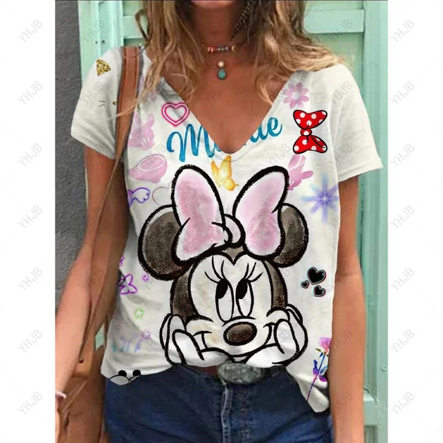 thumbnail image 1 of Camiseta de verano nueva para mujer, blusa de manga corta con cuello en V y estampado de Disney Minnie Mickey Mouse, camisetas de moda de talla grande para mujer, 1 of 5