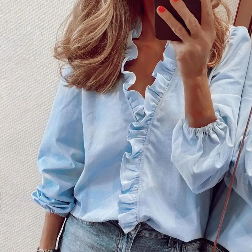 Ladies Loose Blouse Ruffle Stitching V Neck Lantern Long Sleeve Casual Shirt Ladies Pullover Streetwear Ruffles Women Shirt Tops