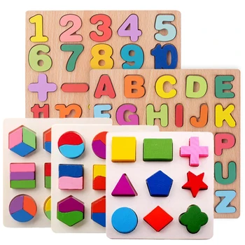 Wooden Puzzle Alphabet Number Shape Matching Board Baby Early Learning 3D Puzzle Preschool Educational Toys For Children 1