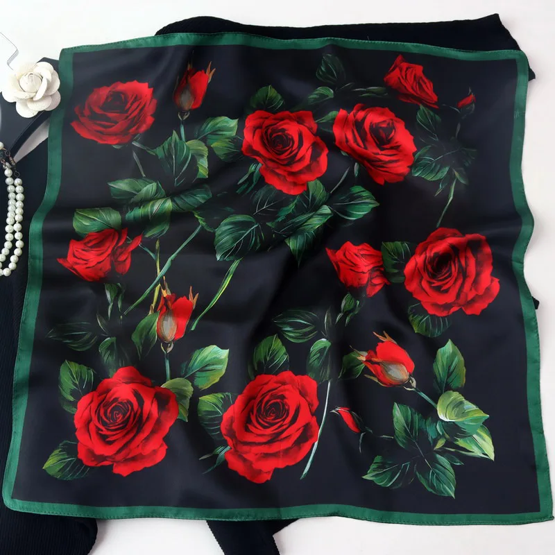 Birdtree 50*50cm 100%Real Silk Red Rose Scarf Mom's Gift