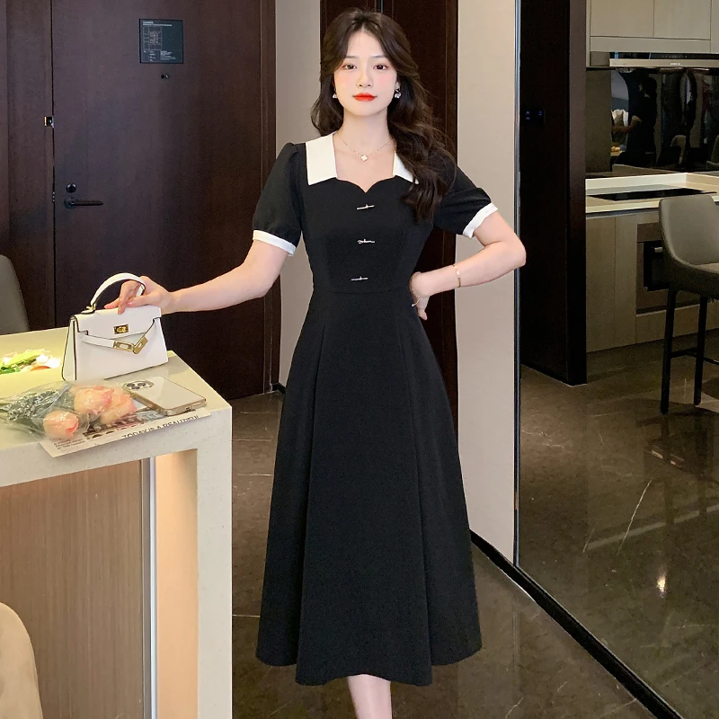 

Summer Sweet Square Collar Black Dress for Women Fashion High Waist French Hepburn Bow Short Sleeve Elegant Party Midi Dressess