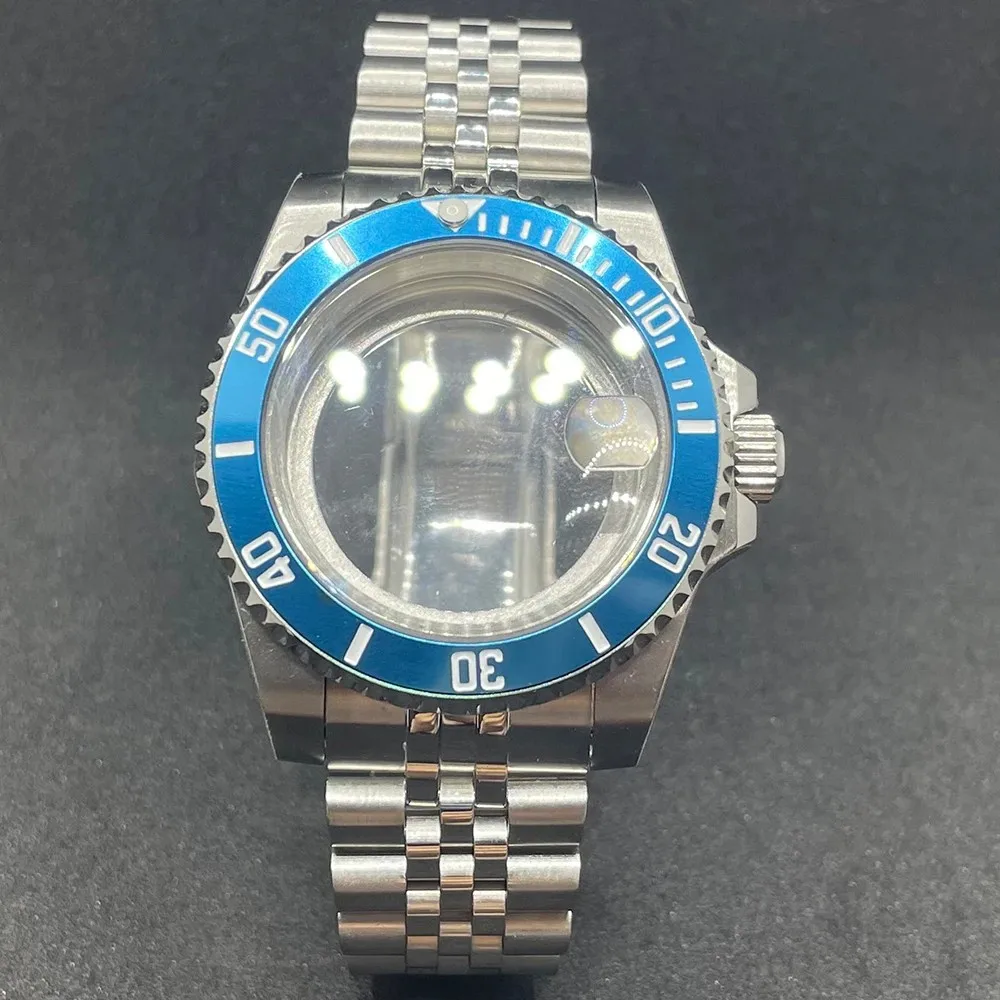 Elegant 40MM Stainless Steel Watch Case with Solid Bracelet and Glide Lock Clasp
