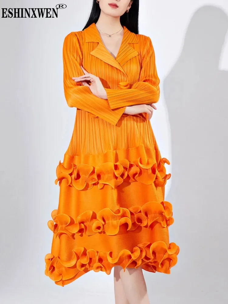 

Eshin Women's 3D Flower Pleated A-line Dresses Mid Length Suit Collar Ruffle Sleeve Legant Evening Dress 2023 Autumn New XF114