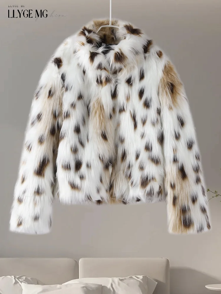 Leopard Faux Fur Coat Women Short Autumn Winter Plush Stand Collar Panelled Jacket Female Warm Stylish Outerwears Lady Casual 5