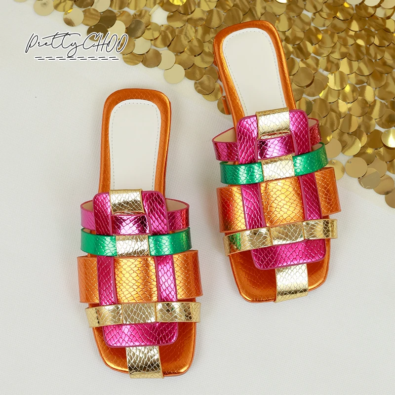 

Rainbow Color Weaved Mule Slides Woman Luxury Brand Design Square Toe Flat Sandals Ladies Summer Bright Beach Slipper Shoes