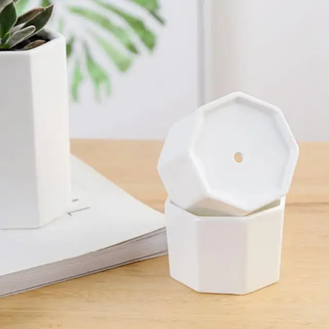 Fehér Kerámia Pot Hatszögletes Zamatos Ültetvény Tál Modern Geometriai Virág Edény, Vízelvezető Funkcióval Bambusz Tálcával - Image 2