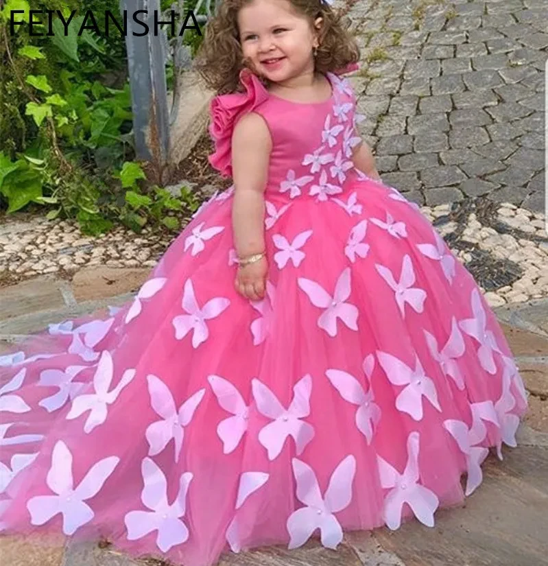 

EVLAST Pink Flower Girl Dresses Tulle Beading Appliqued Pageant Dresses For Girls First Communion Dresses Kids Prom Gown TFD006