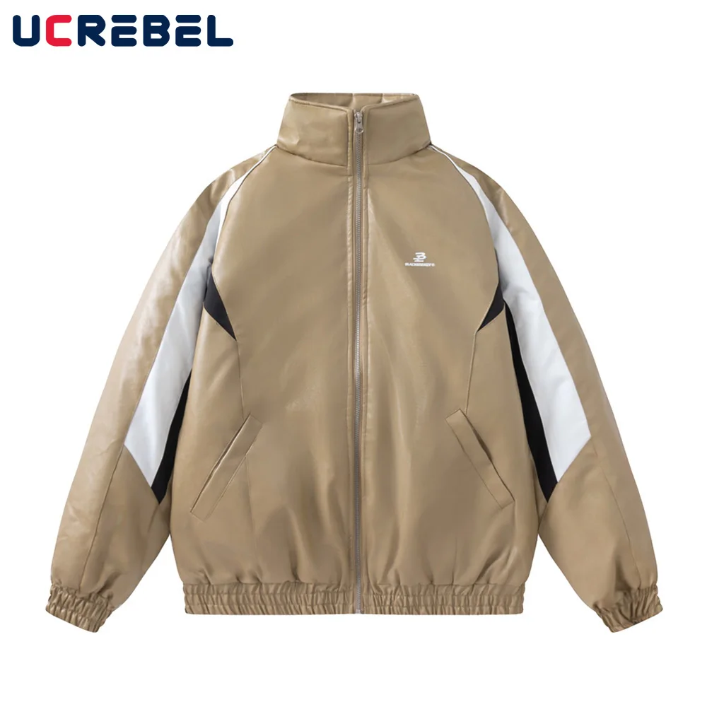 

Contrast Paneled Leather Jacket Mens Winter Loose Streetwear Stand Collar Long Sleeve Quilted Jacket Men