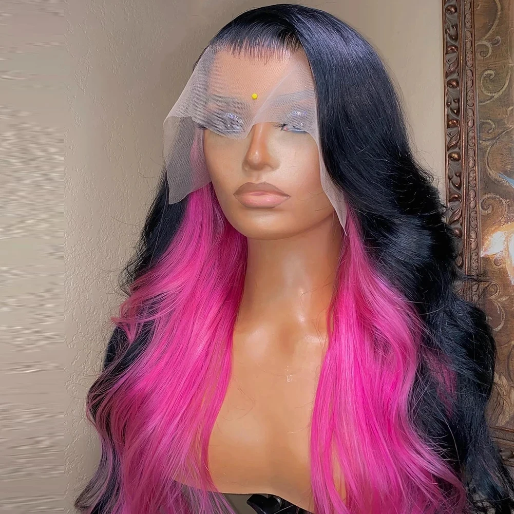 

Side Part Black Highligh Pink Lace Frontal Wig Body Wave Wigs Heat Resistant Fiber Hair Synthetic Lace Front Wigs