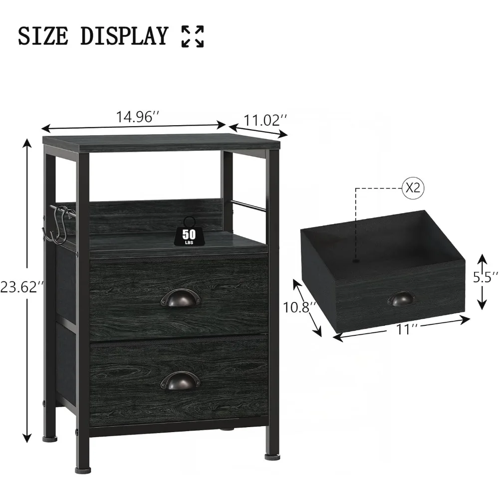 Nightstands Set 2, End Tables with 2 Fabric Drawers, Bedside Tables with Hooks and Shelf, Nightstand 3