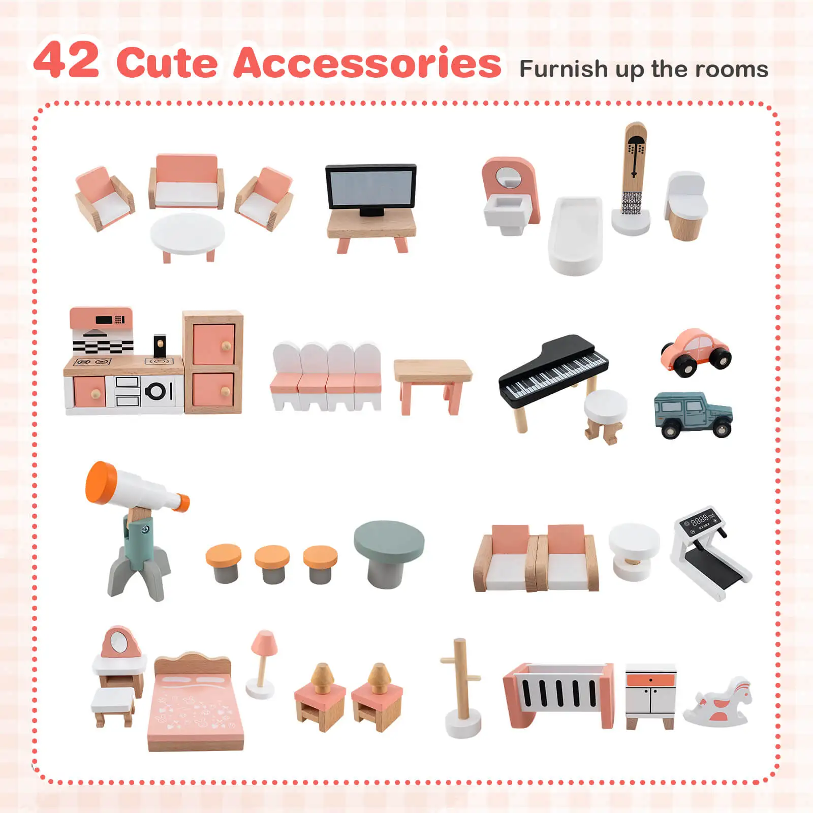Wooden Corner Dollhouse Playset with 41 Pieces of Furniture and Accessories 6