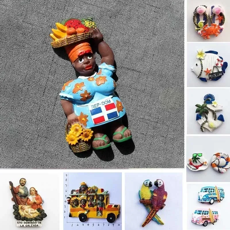 Dominican Republic Black Lady Carnival Bus Santa Domingo Church Punta Cana Macaw Resin fridge Magnet Tourist Souvenirs
