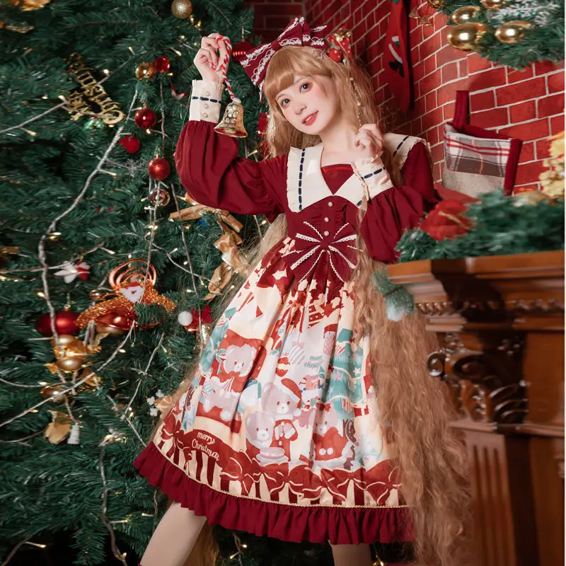 Christmas Lolita Dress Cartoon Kawaii Women New Year Sweet High Waist  Ruffle Puff Long Sleeve Red Princess Party Dress - AliExpress 200000532