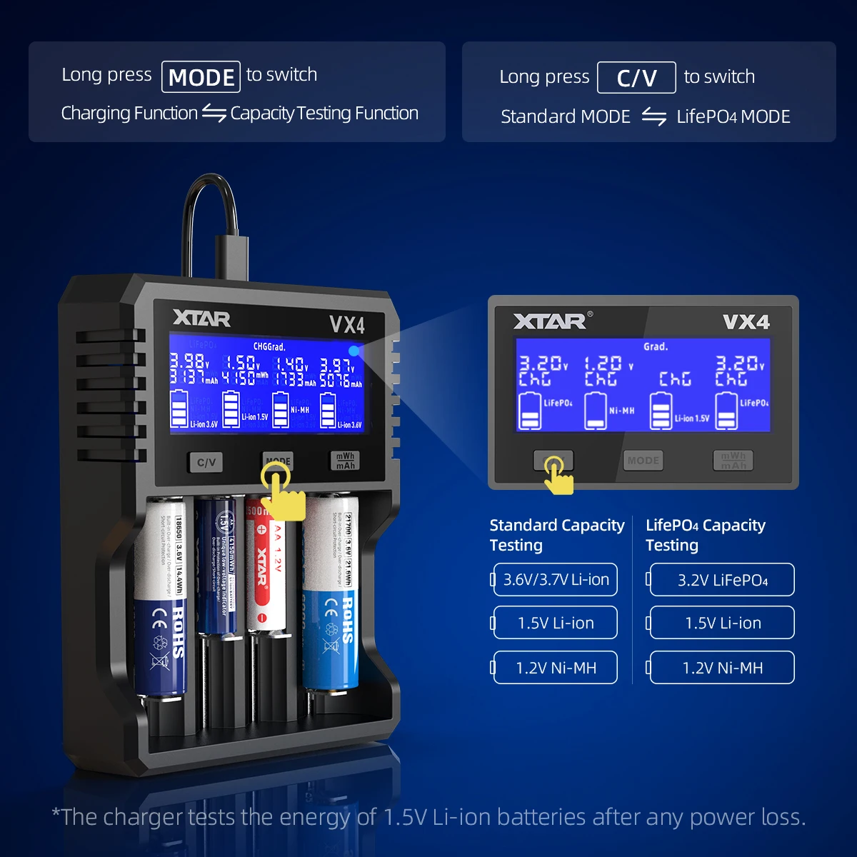Battery Charger XTAR VX4 18650 Visible Mixer Rechargeable AAA/AA Li-ion /Ni-MH /LiFePO4 20W fast charging LCD display