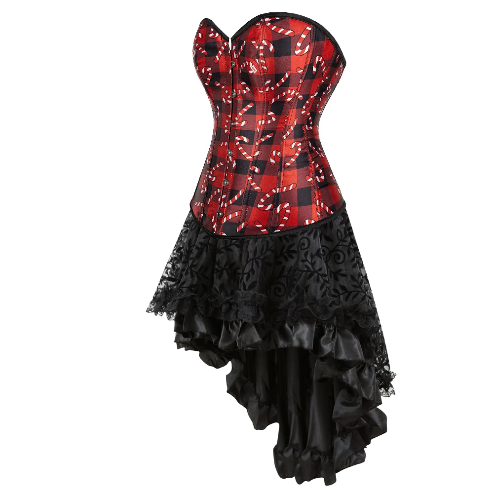 Christmas Corsets Dress for Women Santa Printing Bustier Top with Skirt Plus Size Burlesque Party Costume Fancy Rave Outfits