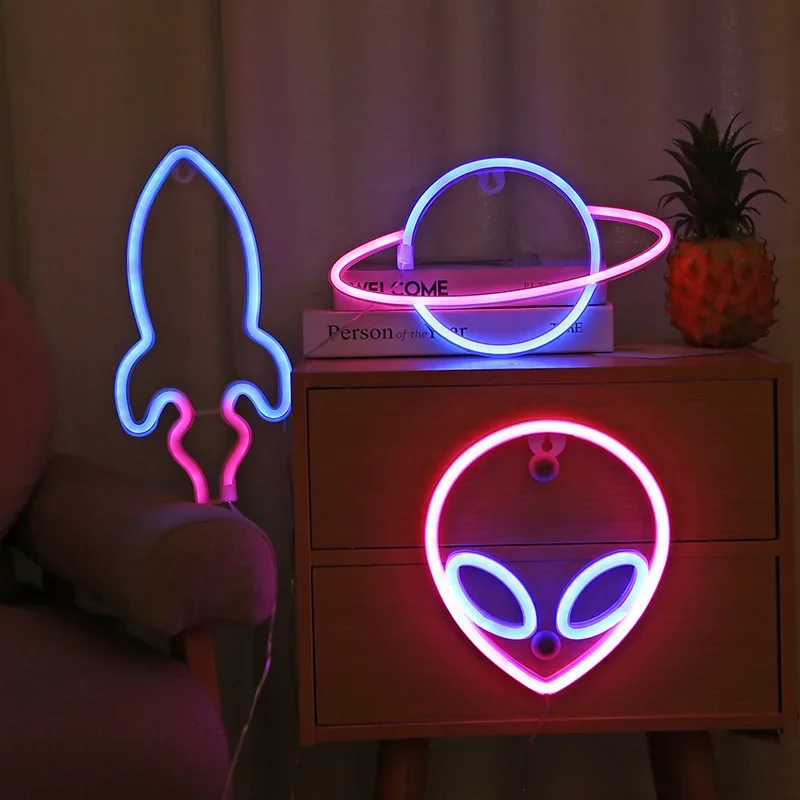 녹색 외계인 네온 사인 LED 네온 사인, 벽 장식 침실 남자 소년 홈 파티 장식, 로켓 네온 라이트, 어린이 생일 선물