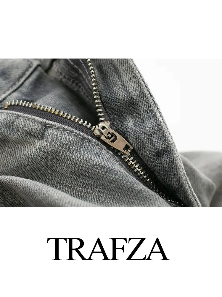 TRAFZA Woman Denim Trousers Patchwork High Waist Loose Zipper Jeans Wild Vintage Commute Streetwear Women's Wide Leg Long Pant