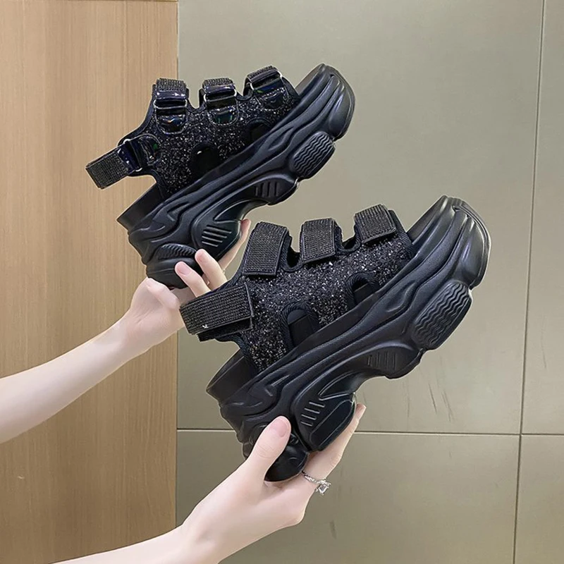 Women Summer New High-Heeled Sandals 9CM Plus High Thick-Soled Sandals Summer Fashion Breathable Wedges Beach Slippers 34-39