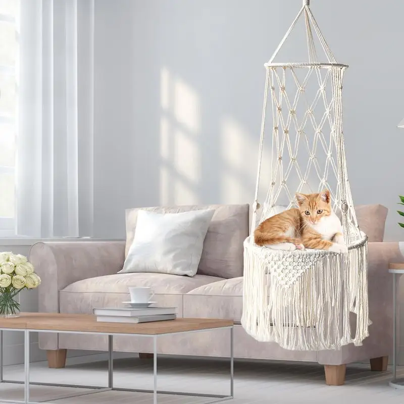 Macrame Cat Swing Bed Hand Woven Macrame Cat Hammock Stylish Hanging Cat Bed With Tassel Cat