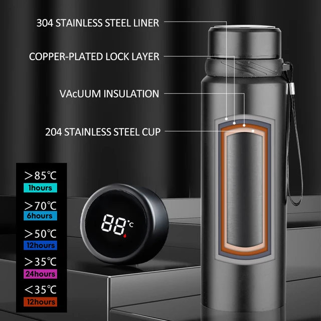 Bouteille d'eau thermique 1L, affichage de la température, bouteille Thermos, gobelet en acier inoxydable, flacons sous vide, Thermos pour eau, thé, verres 3