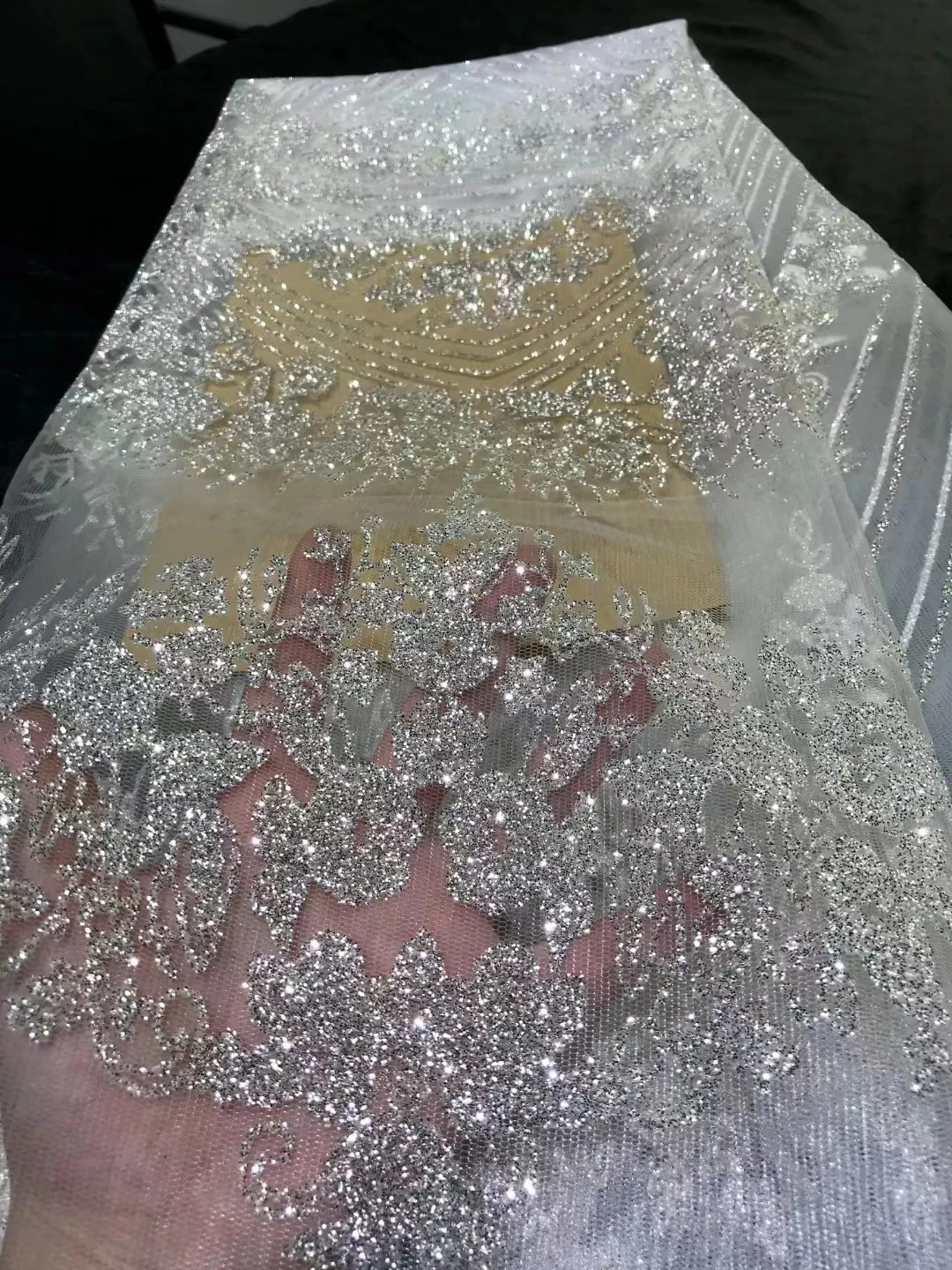 

New high-end European and American luxury sterling silver powder small sequins mesh embroidered fabric, wedding dress bridesmaid