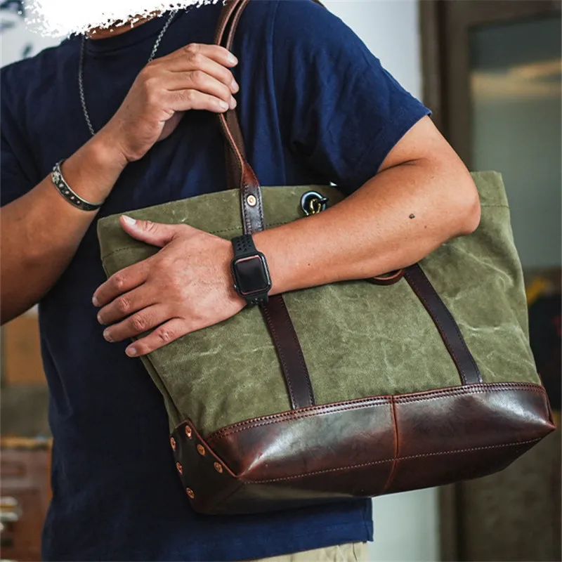 Vintage high quality canvas genuine leather men\'s tote bag work 13 inch laptop handbag designer luxury weekend shoulder bag