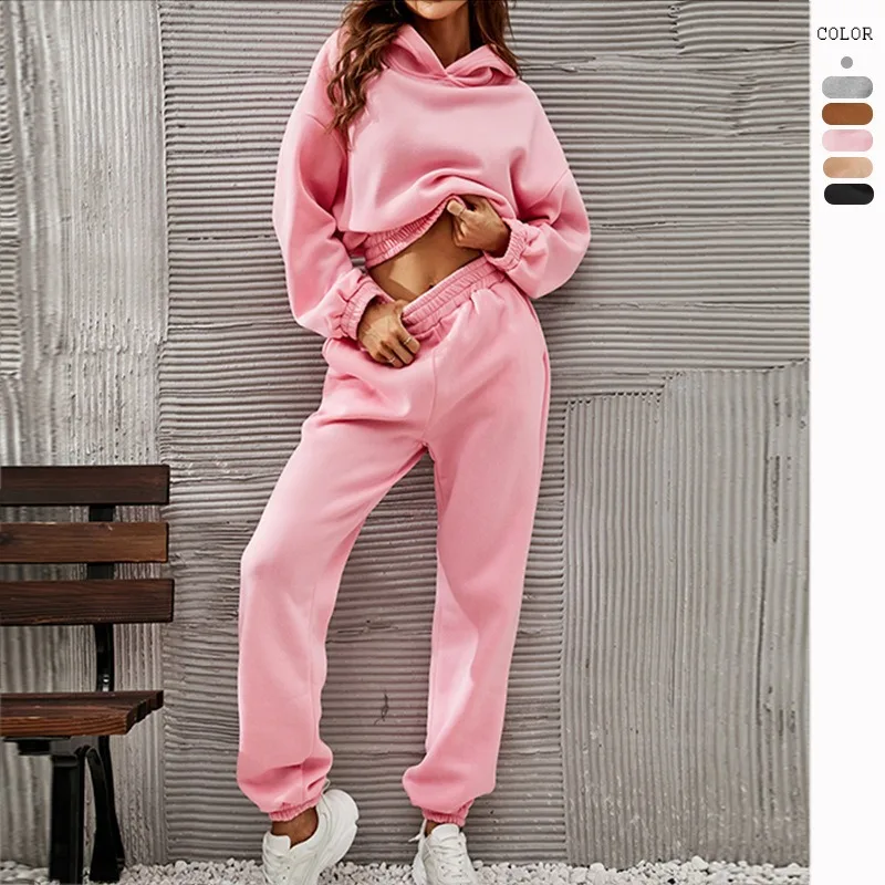 

Leisure Autumn And Winter Long New Street Long-sleeved Hooded Women's Fashion Hoodie Set Female Short Jacket Solid Color