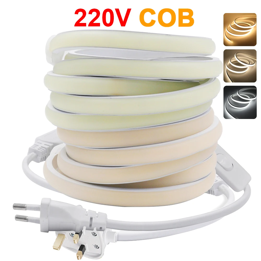 

220V 230V COB LED Strip Neon Light with Switch EU UK Power Plug 288 LEDs High Density Linear Lighting Waterproof Flexible Ribbon