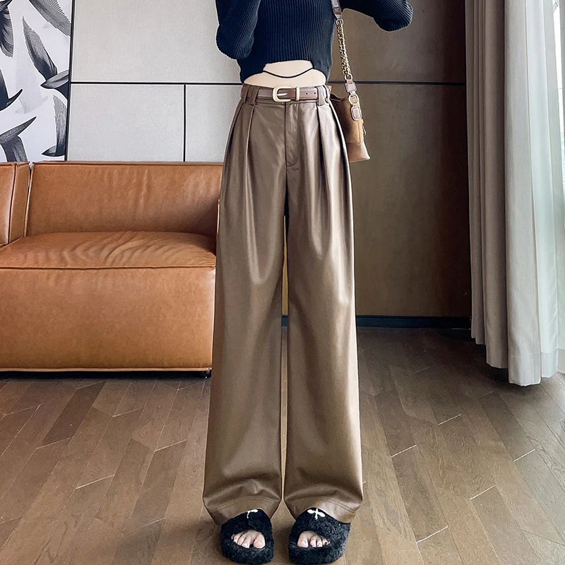 QOERLIN Women PU Leather Pants with Belt 2024 Fall Winter Velvet Wide Leg High Waist Trousers Loose Casual Elegant Pants Fashion