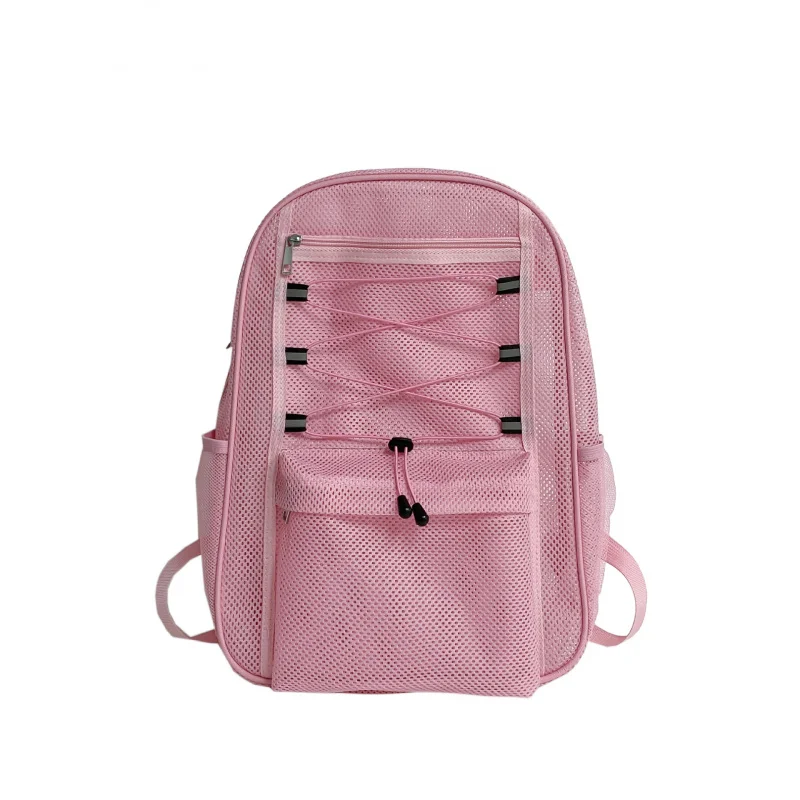 Trendy Outdoor Sports Beach Transparent Mesh Backpack Summer Double Shoulder Bag for High School Students with Big Capacity