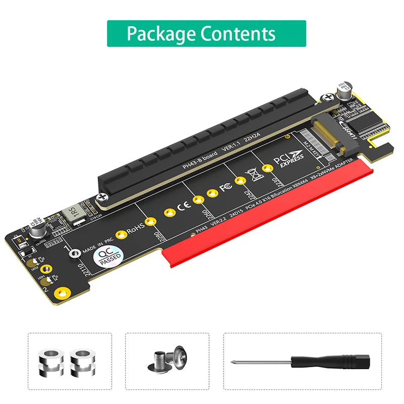 PCIe X16 - X8+X4+X4 분배기 카드 어댑터 PCIE4.0 M.2 PCIE 어댑터 M.2 NVMEx2 입력 포트는 2280/2260/2242/2230 NVME SSD를 지원합니다.