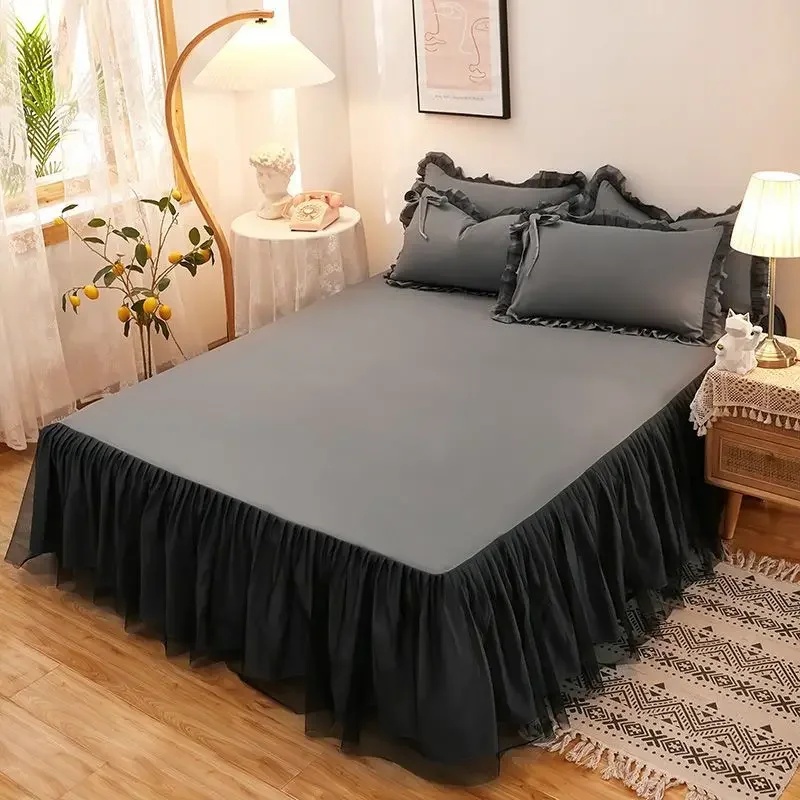 

Four Season Universal Solid Color Bedspread Black Lace Large Skirt Hem Bed Cover Dust Proof Anti Slip Bedding Comfortable Sheets