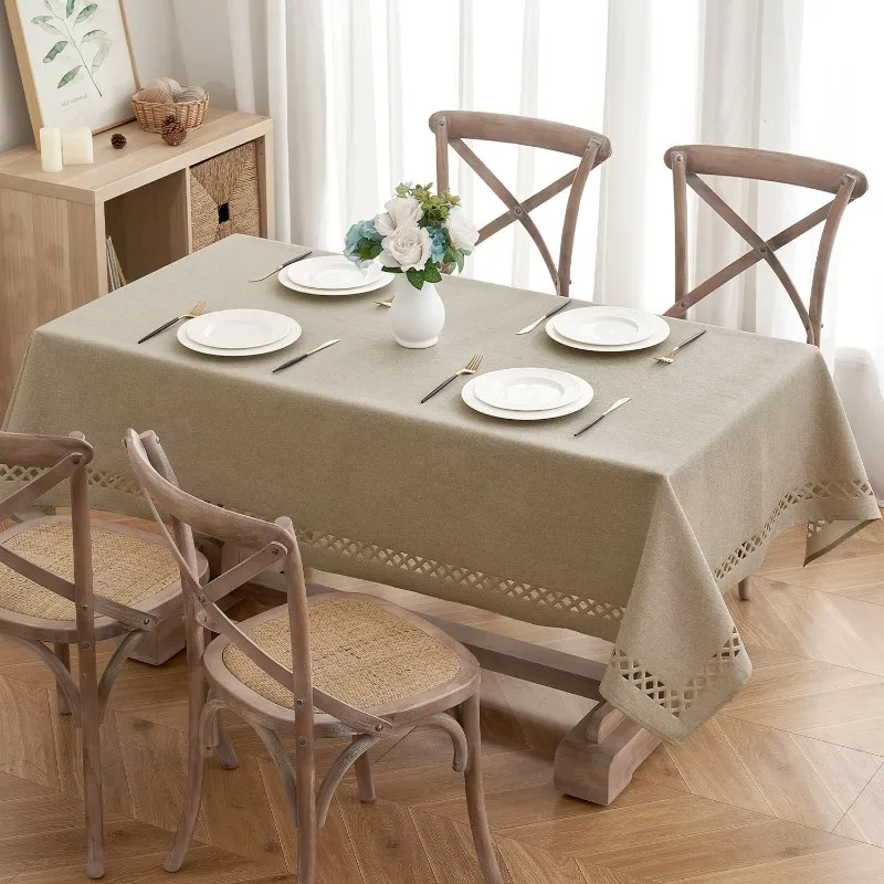 Beige Thick Polyester Linen Rectangle Tablecloth with Decorative Cutouts Waterproof Stain Resistant Table Cloth 2