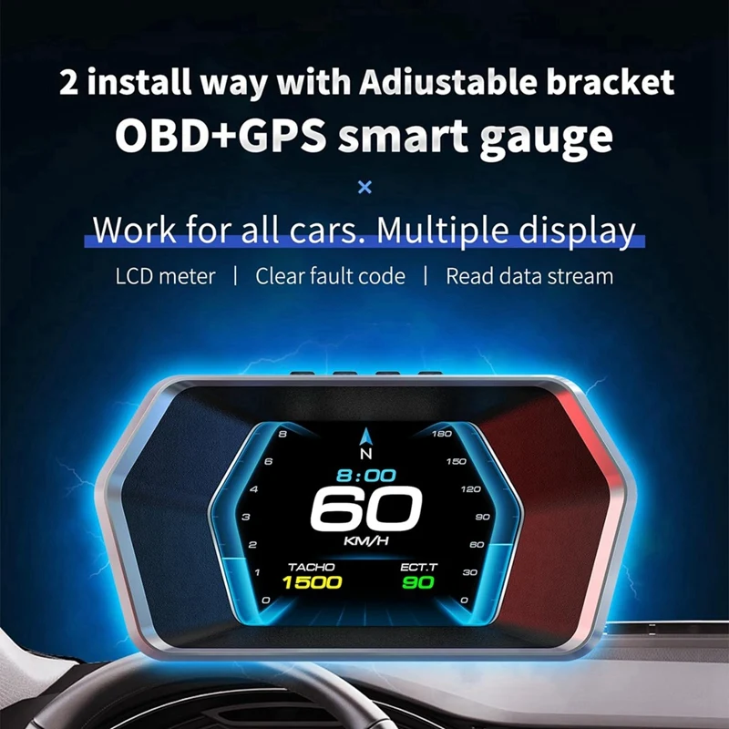 A77E-Car Heads Up Display, Car Smart Obd2 Gauge Display, Gps Speedometer With Vehicle Speed, Rpm, Fuel Consumption Voltage