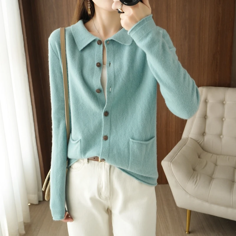 

Women's 100% Pure Wool Cashmere Sweater Knitted POLO Collar Cardigan Spring And Autumn New Thin Button Belt Pocket Chic Cardigan
