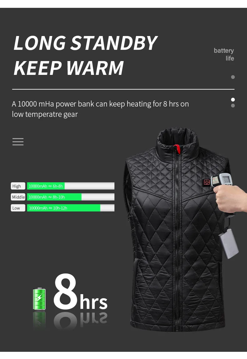 Electric Heated Vest with long standby time and heating areas for cold weather.