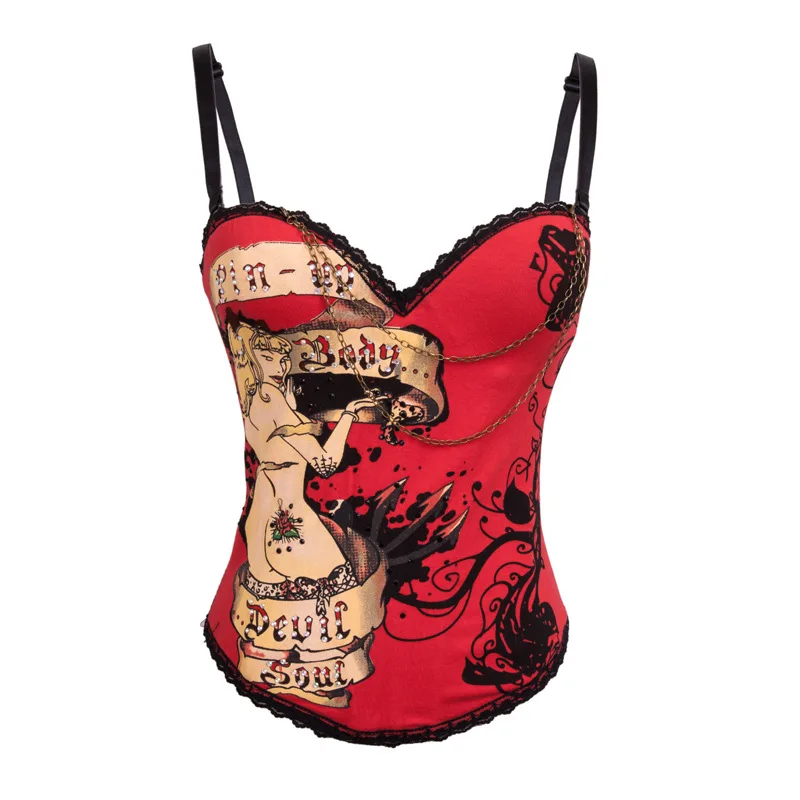 Wings Floral Pattern Cotton Overbust Corsets Women Gothic Punk Bustiers Burlesque Costume Sexy Vintage Korsett with Rhinestone