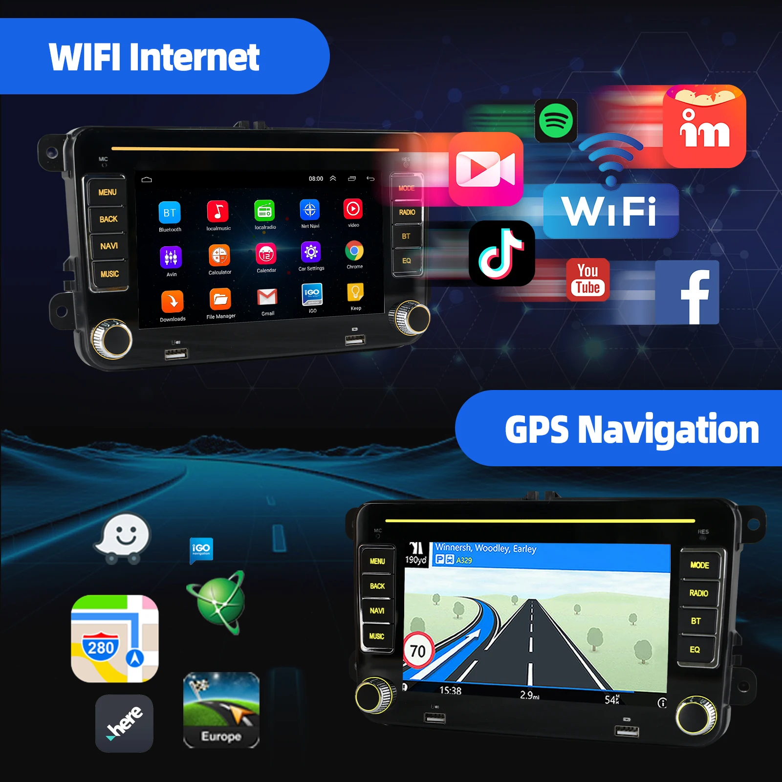 Radio de Coche ESSGOO Android 15 7 Pulgadas para VW Golf 5 6 Passat Polo 6R Touran Tiguan Caddy EOS Jetta Seat Skoda con Carplay Inalámbrico Android Auto GPS Navegación RDS FM Bluetooth WIFI Control del Volante Mirror 3
