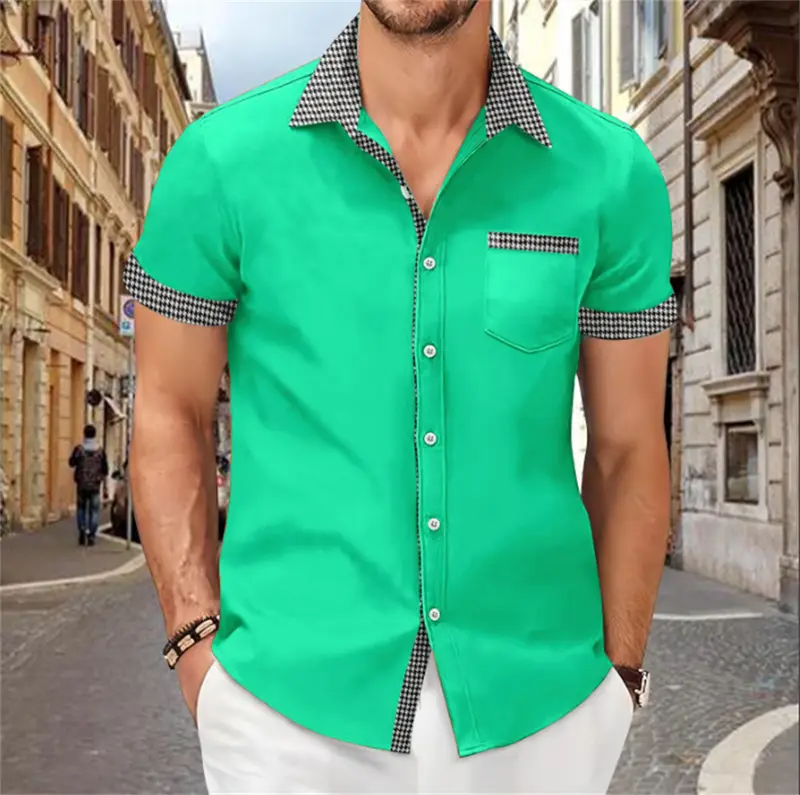 Patchwork Printed Shirt for Men, Solid Color, Comfortable and Soft Short Sleeve Top, Large Size, Summer New - Image 9