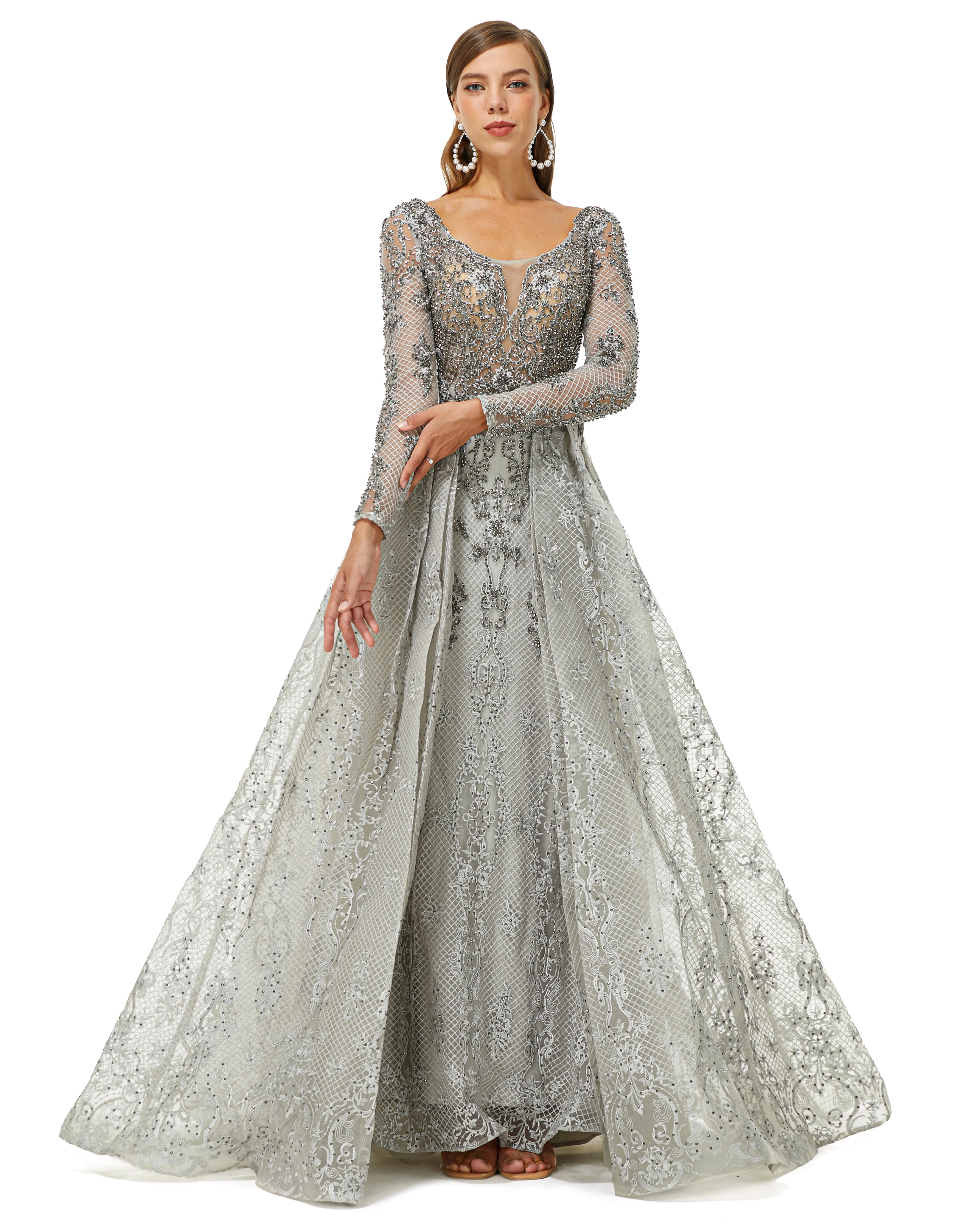 

Серебристо-серое мусульманское вечернее платье принцессы с нарукавником 2023 с длинным рукавом Кружевное с бисером арабское платье Aso Ebi для выпускного вечера